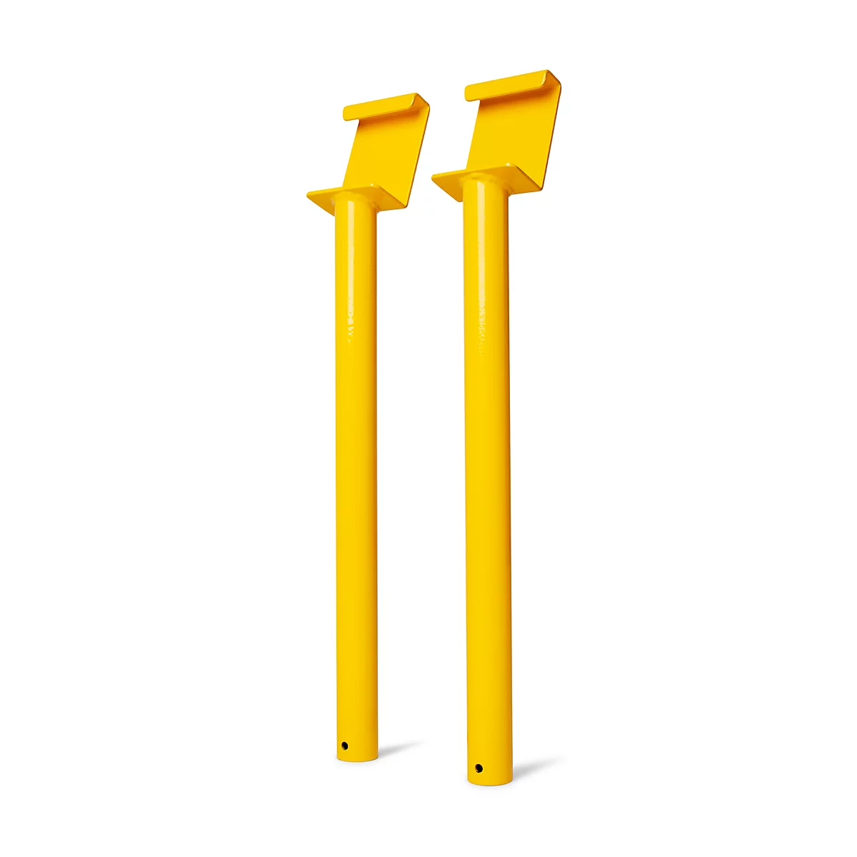 Deux tuyaux métalliques jaunes avec des plateformes et des angles supérieurs, sur fond blanc.