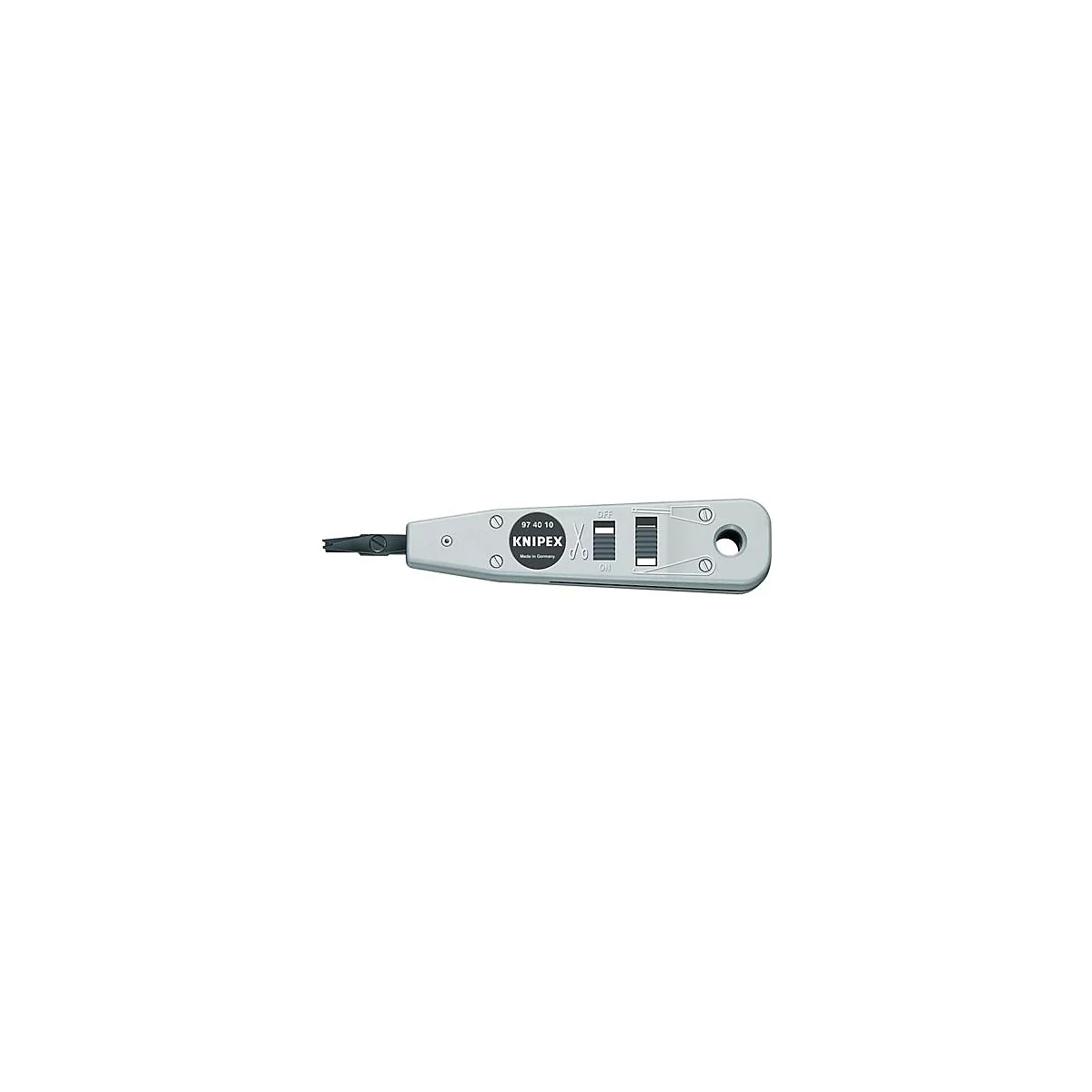 Outil d'insertion LSA Knipex gris, avec lames et interrupteurs noirs.