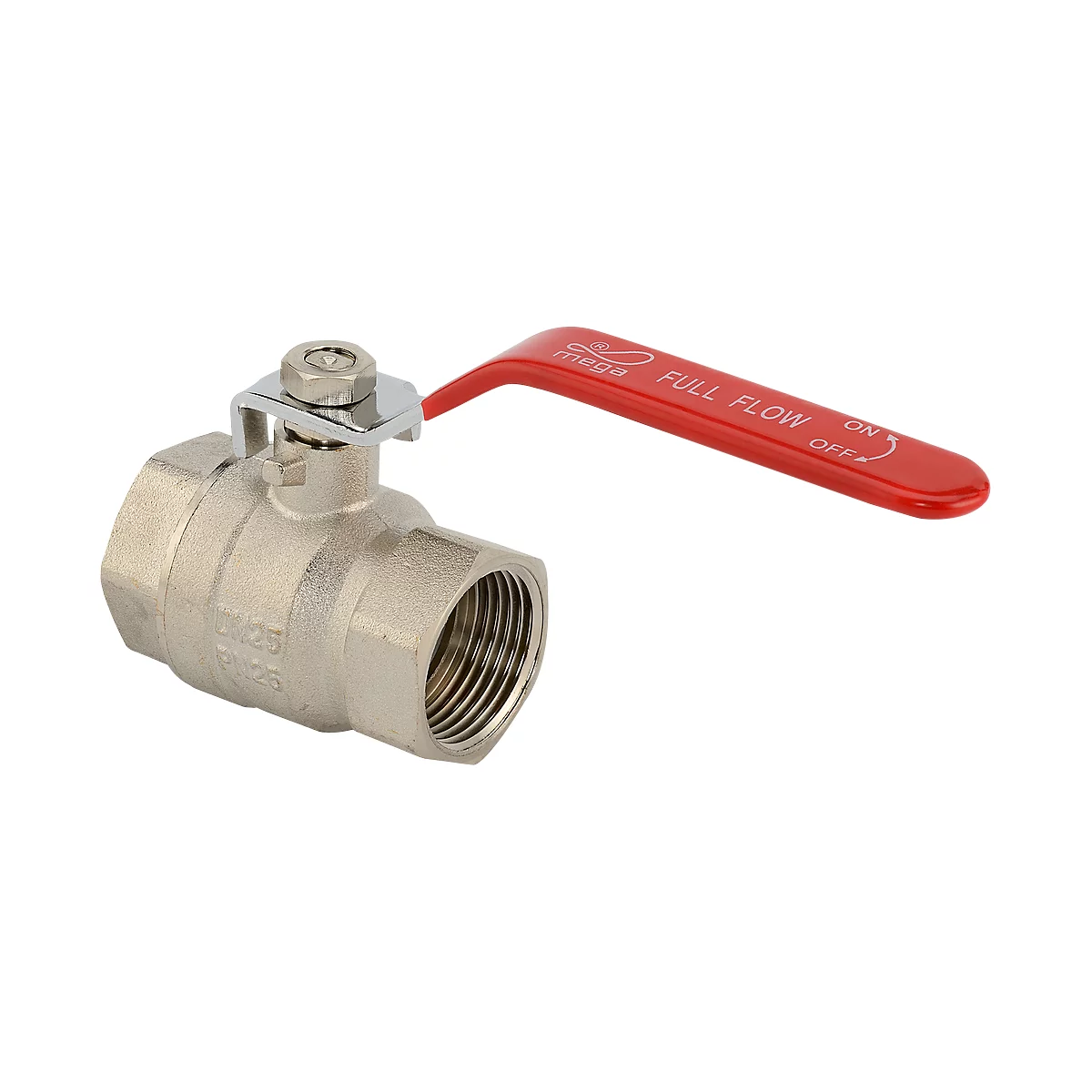Metal ball valve with red handle, marked "FULL FLOW".