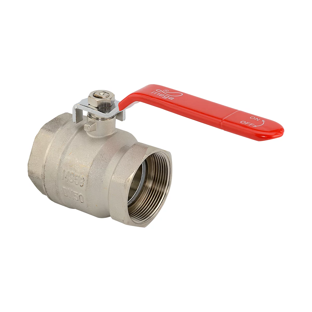Metal ball valve with red lever, marked "ON/OFF".
