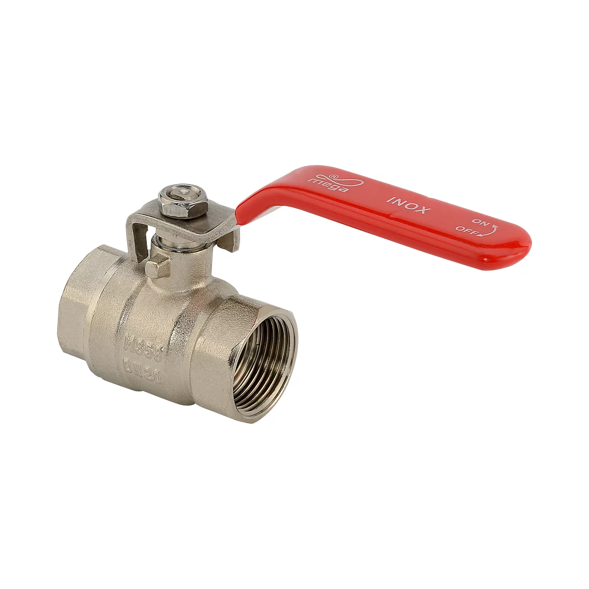 Metal ball valve with red lever, labeled 'INON' and 'ON/OFF'.
