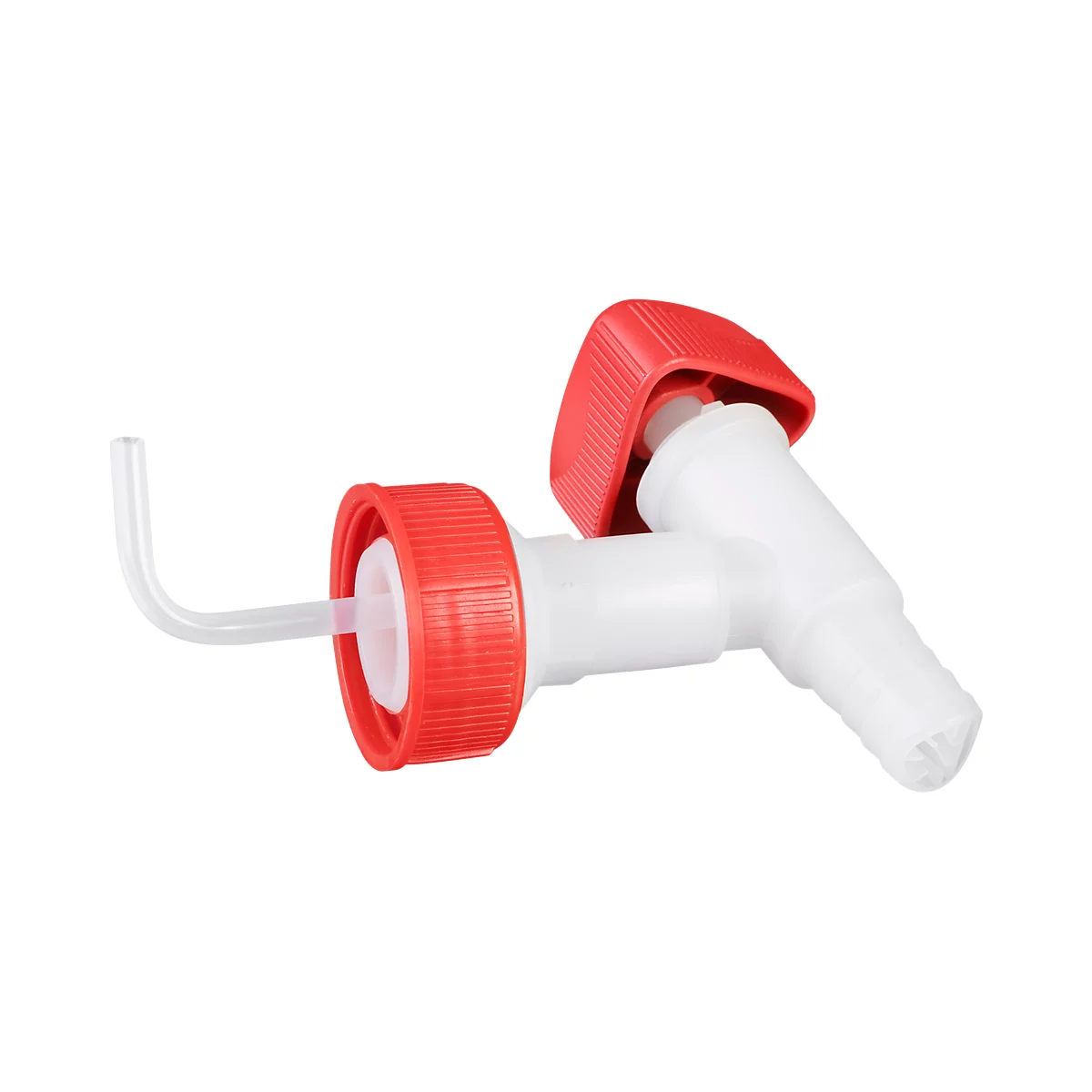 White faucet with red rotary closure and curved plastic tube.