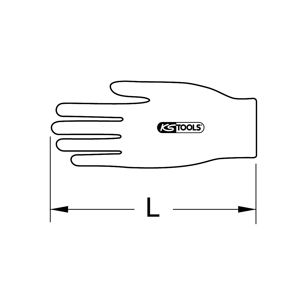 Omtrek van een handschoen met het "KS TOOLS" logo en de aanduiding "L".