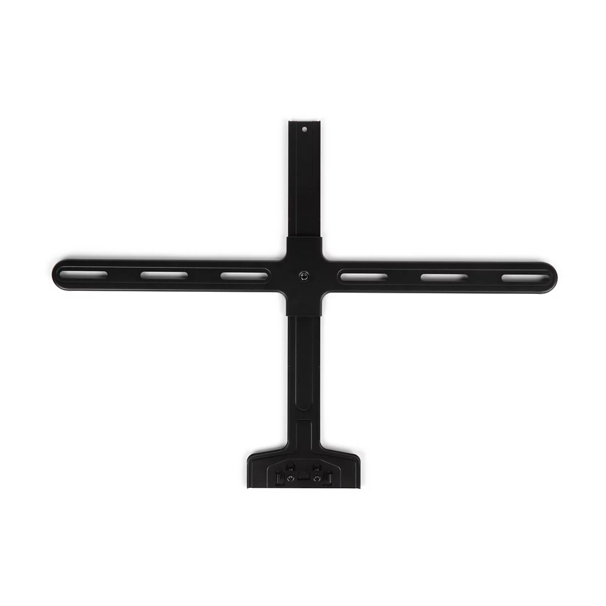 Schwarze Halterung für elektronische Geräte mit kreuzförmigem Design, isoliert auf weißem Hintergrund.