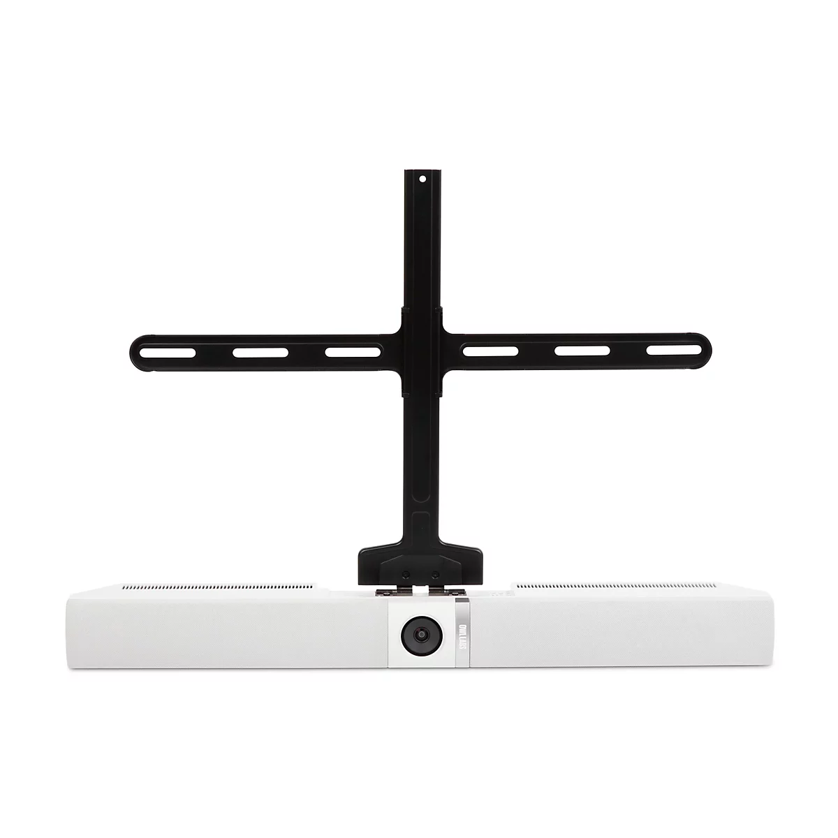 Ein weißes Videokonferenzsystem mit schwarzer Halterung. Die Halterung hat eine T-Form und wird mit Schrauben am Gerät befestigt.