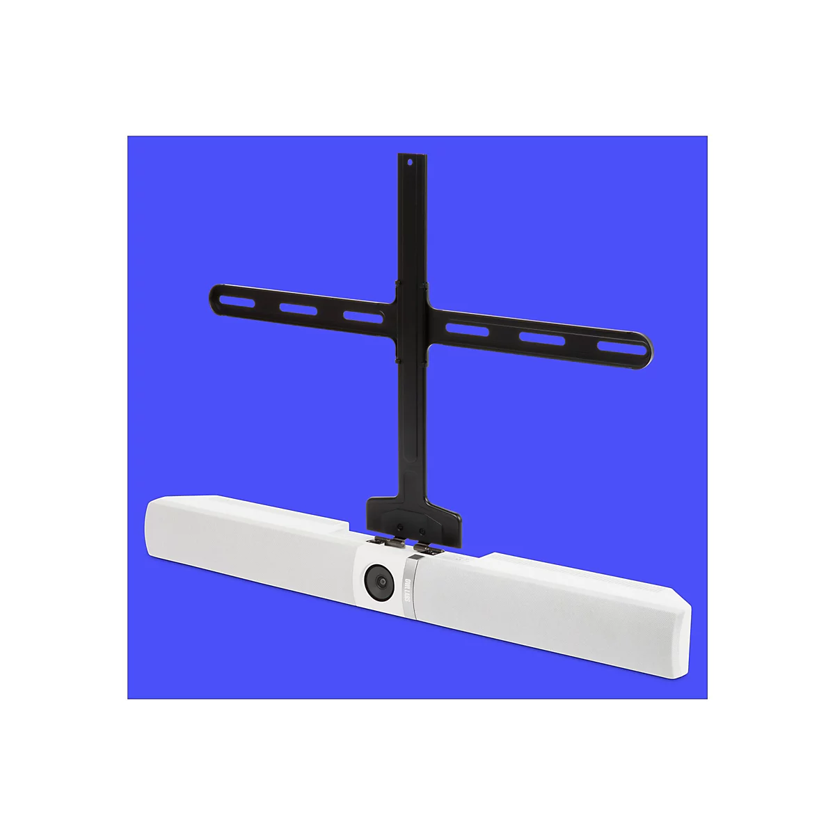 Un appareil blanc et rectangulaire avec une caméra et un système de montage noir sur fond bleu.