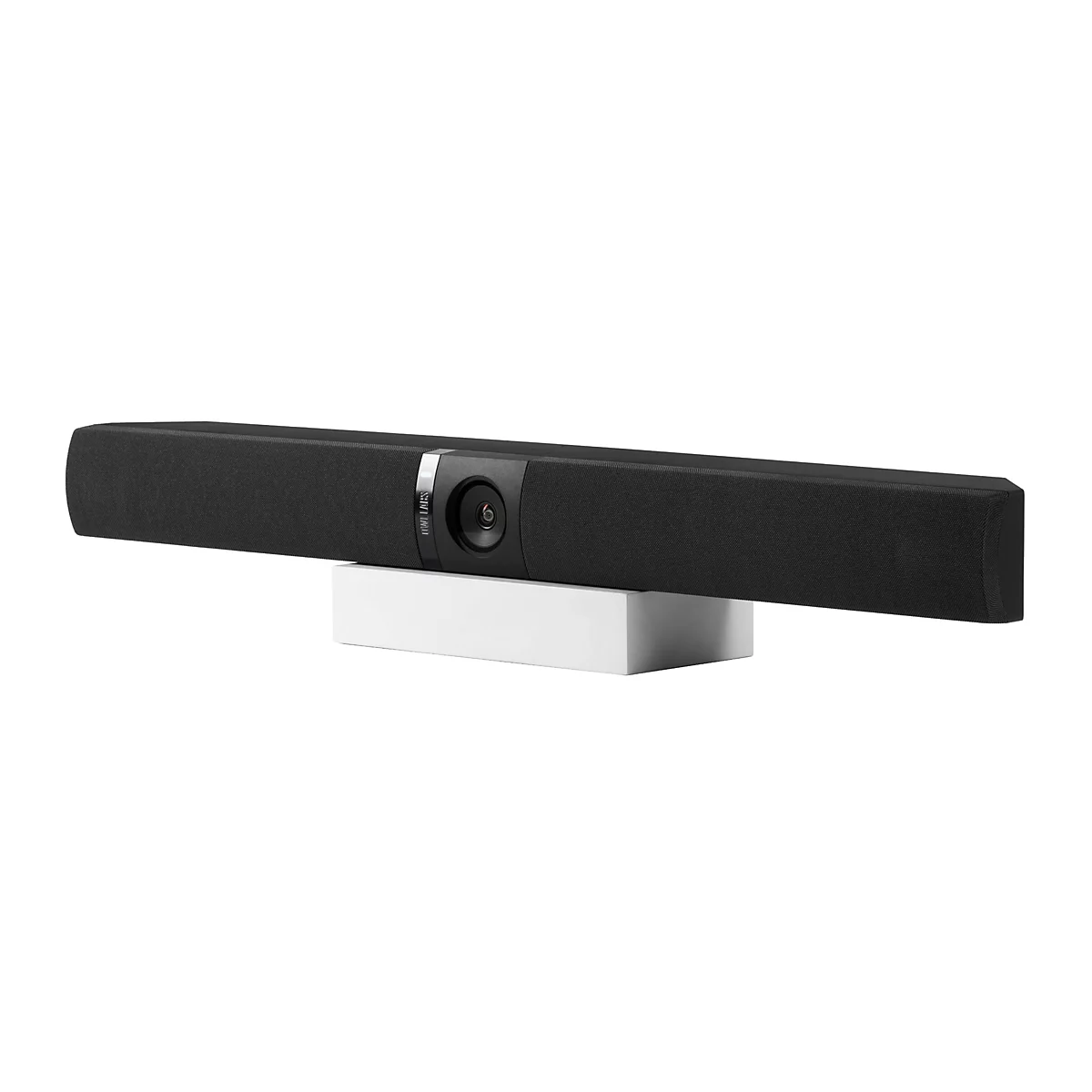 Schwarze Soundbar auf weißem Sockel, vorne Kamera und Logo.
