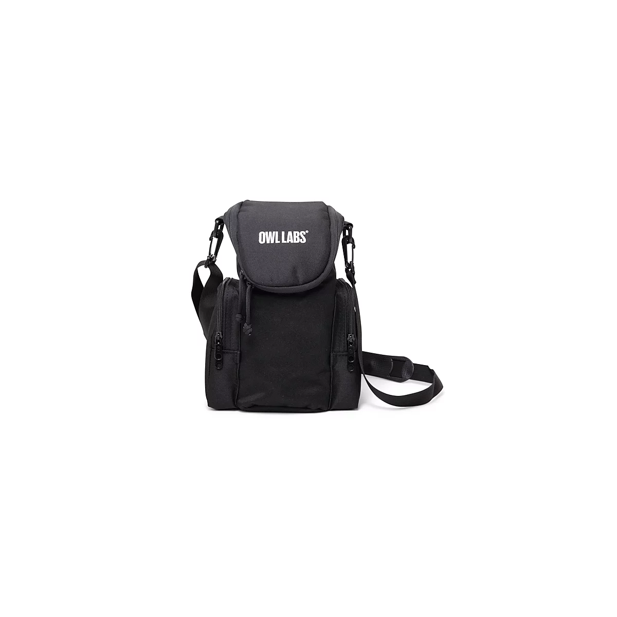 Sac bandoulière noir avec fermeture éclair, bandoulière réglable et inscription blanche "OWL LABS".