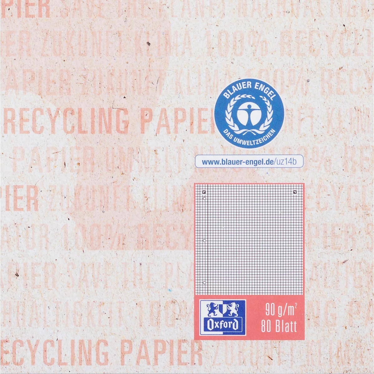 Oxford Collegeblock Recycling, 80 Blatt, DIN A4+, 90 g/m², 4-fach gelocht, Spiralbindung, OPTIK PAPER®, kariert, Rand links, rot