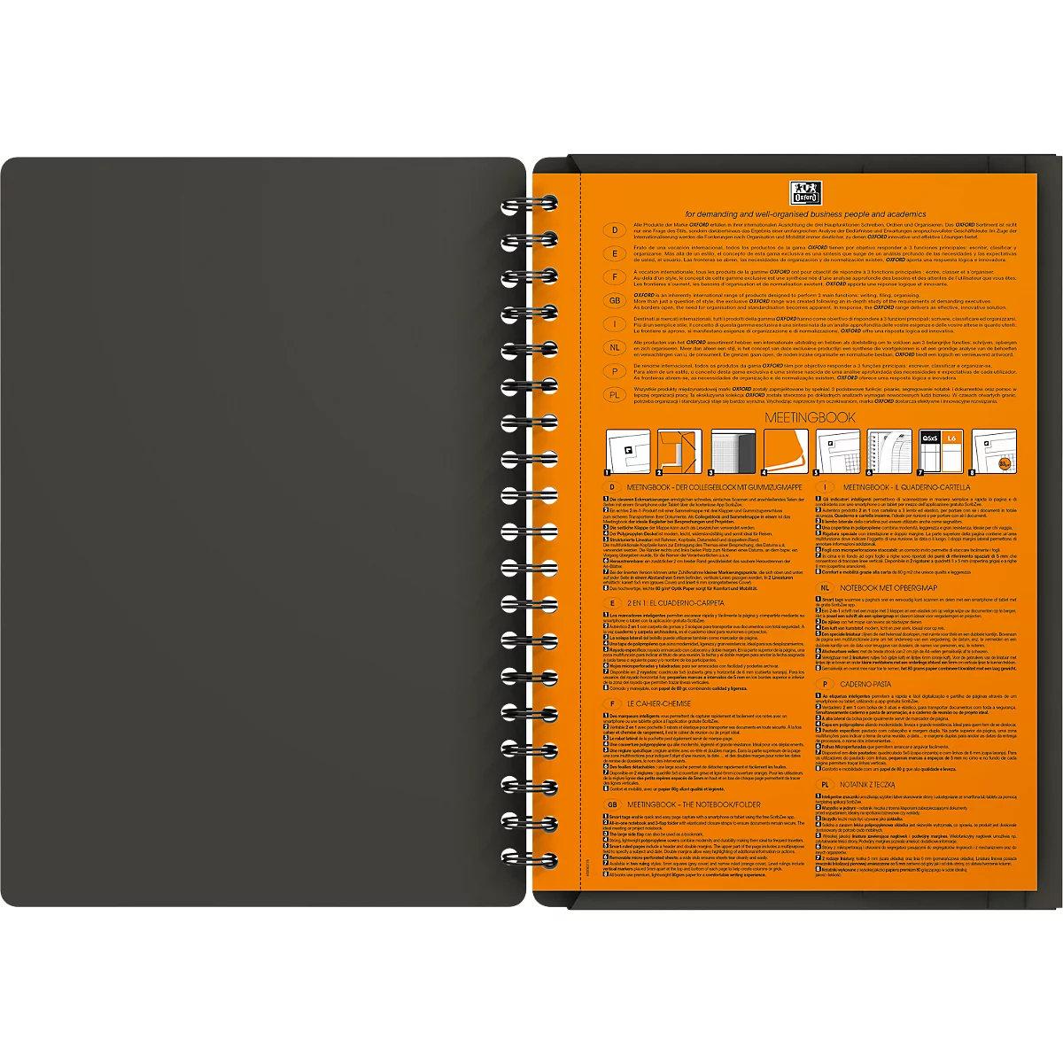 Oxford International vergaderboek, DIN B5, wit vierkant, 80 vel, spiraal gebonden, Optik papier, oranje/rood/grijs