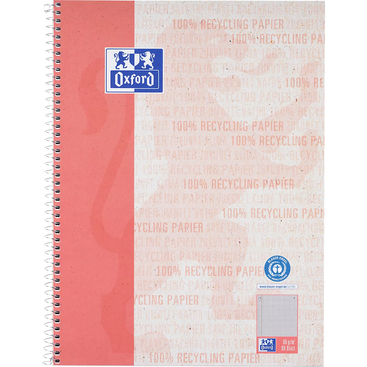 Oxford notitieboek recycling, 80 vel, DIN A4+, 90 g/m², 4-gaats perforatie, spiraalbinding, OPTIK PAPER®, vierkant, linkermarge, rood