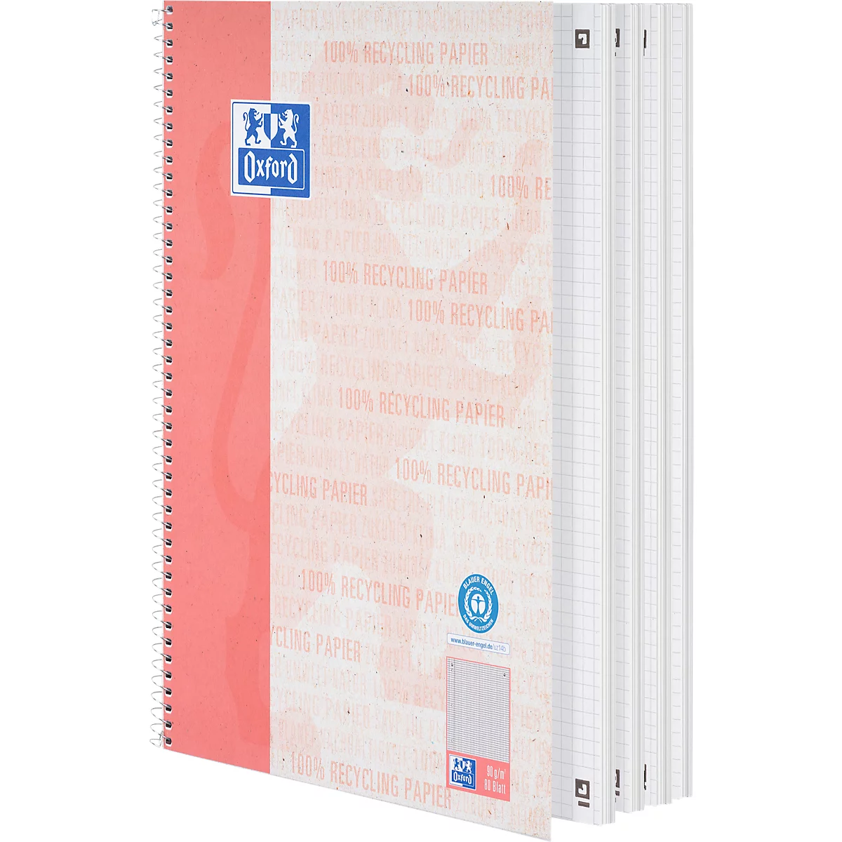Oxford notitieboek recycling, 80 vel, DIN A4+, 90 g/m², 4-gaats perforatie, spiraalbinding, OPTIK PAPER®, vierkant, linkermarge, rood