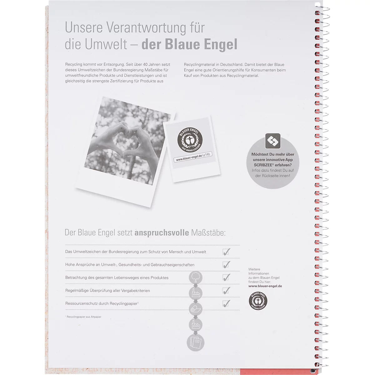 Oxford notitieboek recycling, 80 vel, DIN A4+, 90 g/m², 4-gaats perforatie, spiraalbinding, OPTIK PAPER®, vierkant, linkermarge, rood