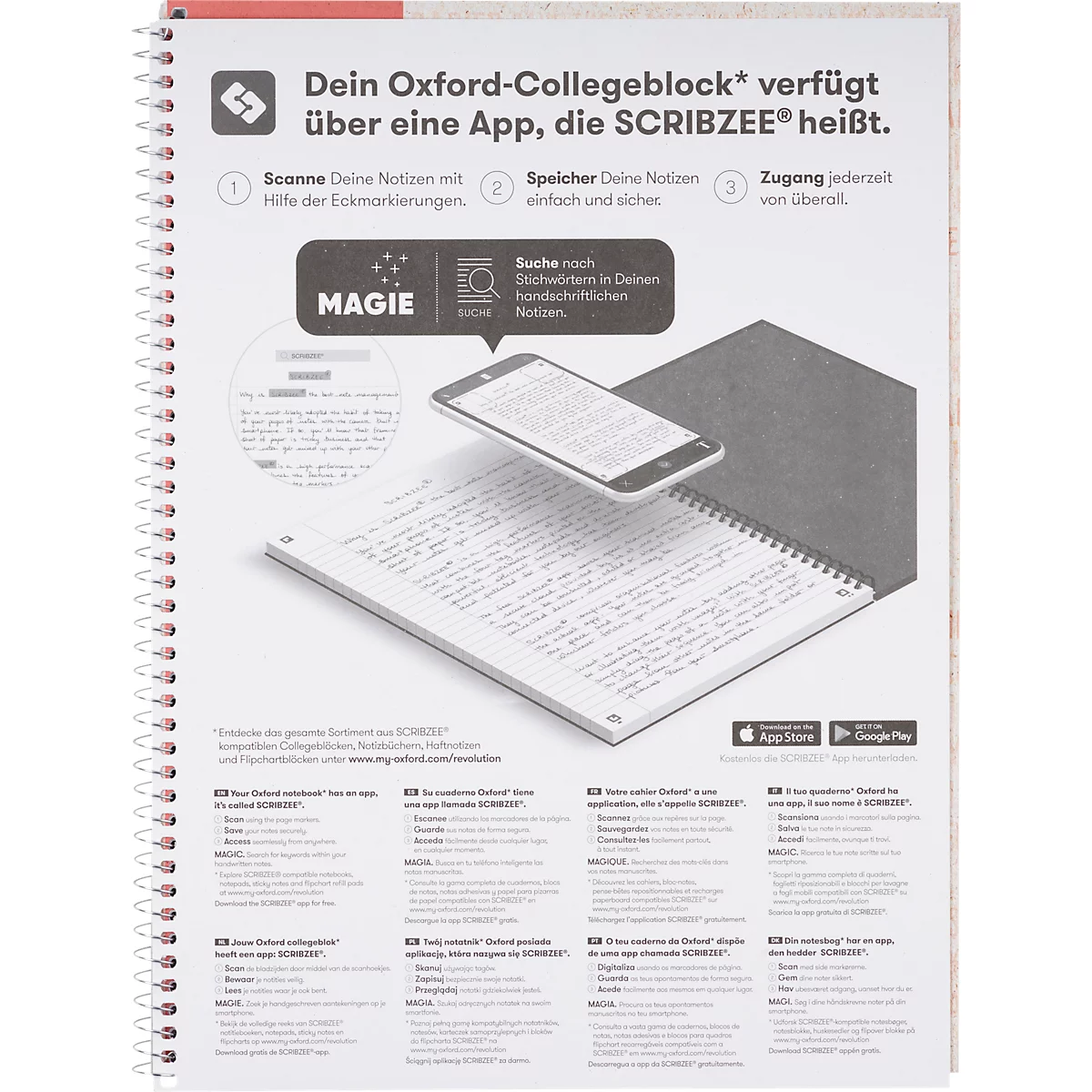 Oxford notitieboek recycling, 80 vel, DIN A4+, 90 g/m², 4-gaats perforatie, spiraalbinding, OPTIK PAPER®, vierkant, linkermarge, rood