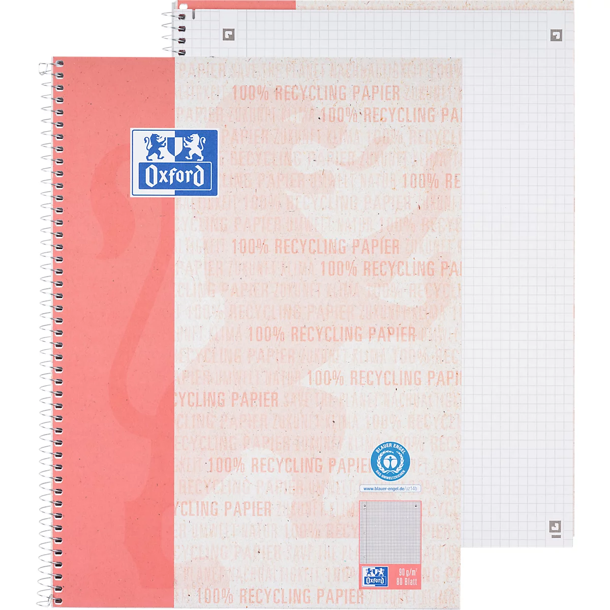 Oxford notitieboek recycling, 80 vel, DIN A4+, 90 g/m², 4-gaats perforatie, spiraalbinding, OPTIK PAPER®, vierkant, linkermarge, rood