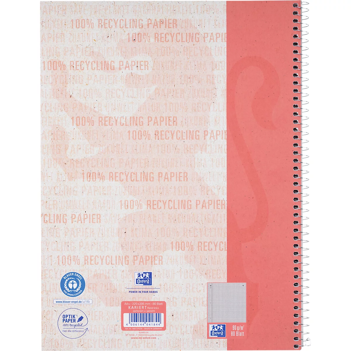 Oxford notitieboek recycling, 80 vel, DIN A4+, 90 g/m², 4-gaats perforatie, spiraalbinding, OPTIK PAPER®, vierkant, linkermarge, rood
