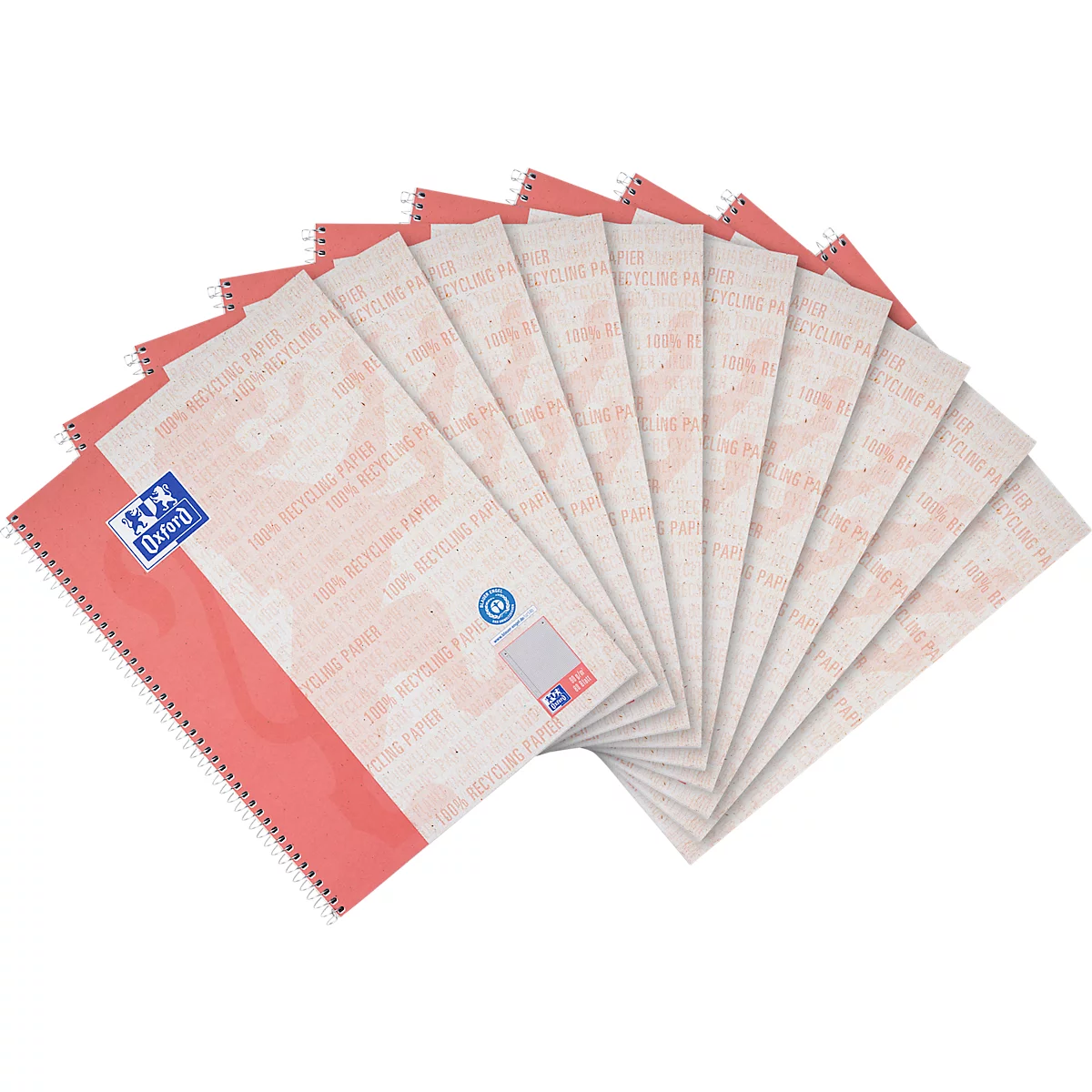 Oxford notitieboek recycling, 80 vel, DIN A4+, 90 g/m², 4-gaats perforatie, spiraalbinding, OPTIK PAPER®, vierkant, linkermarge, rood