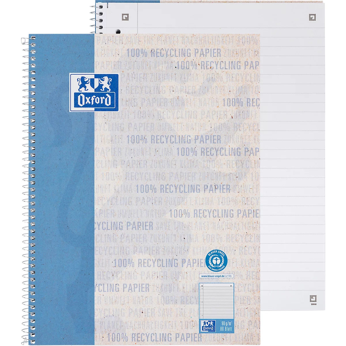 Oxford Recycling notitieboek, 80 vel, DIN A4+, 90 g/m², 4-gaats perforatie, spiraalbinding, OPTIK PAPER®, microgeperforeerd, gelijnd, linkerkantlijn, blauw