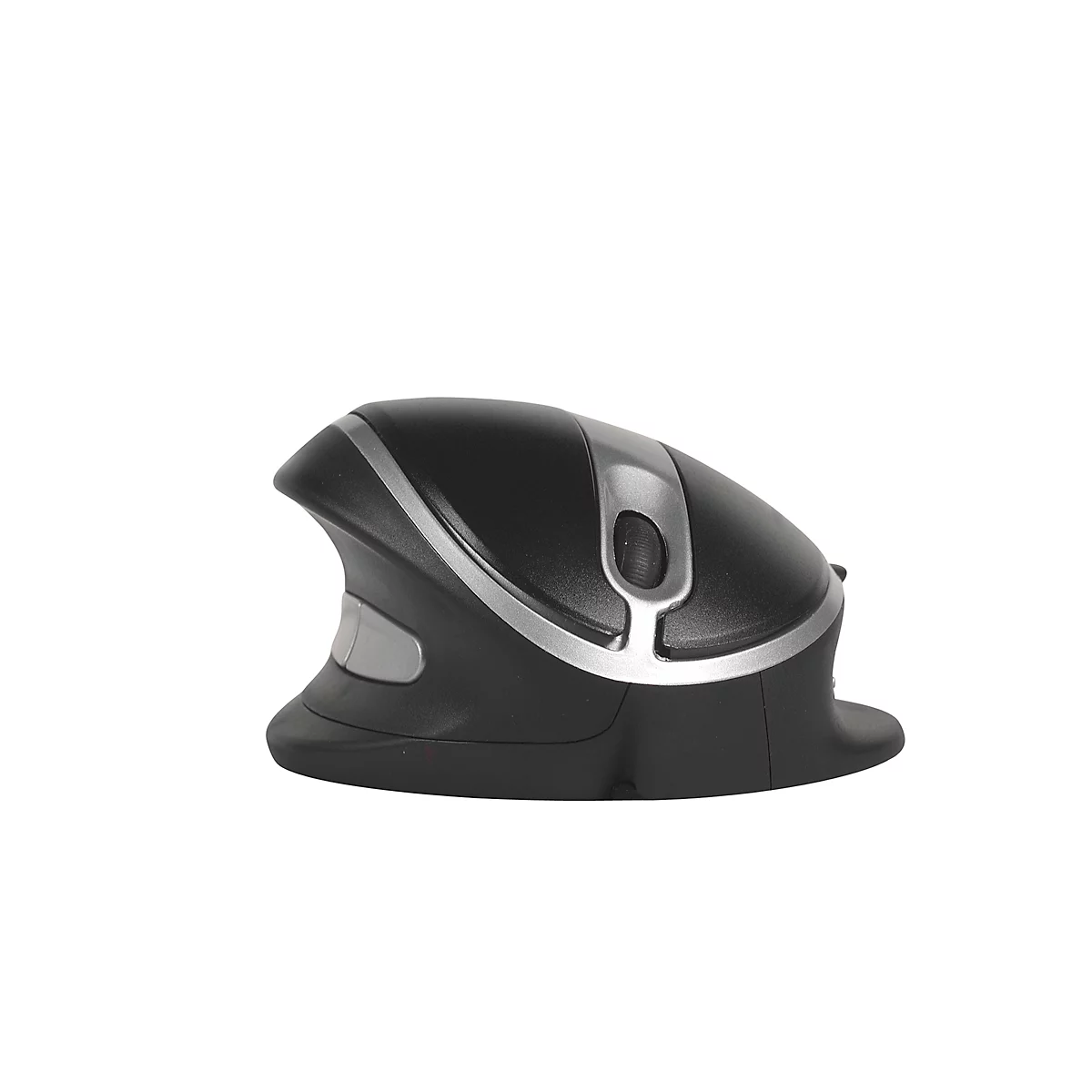 Vertical ergonomic mouse. Black with silver accents, side thumb rest.