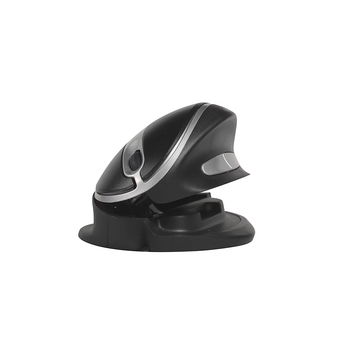 Black ergonomic mouse with silver accents, slightly angled on a base.