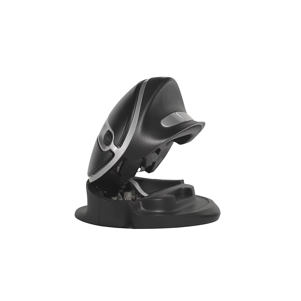 Ergonomic mouse in black with silver accents. It's open to allow a view inside.