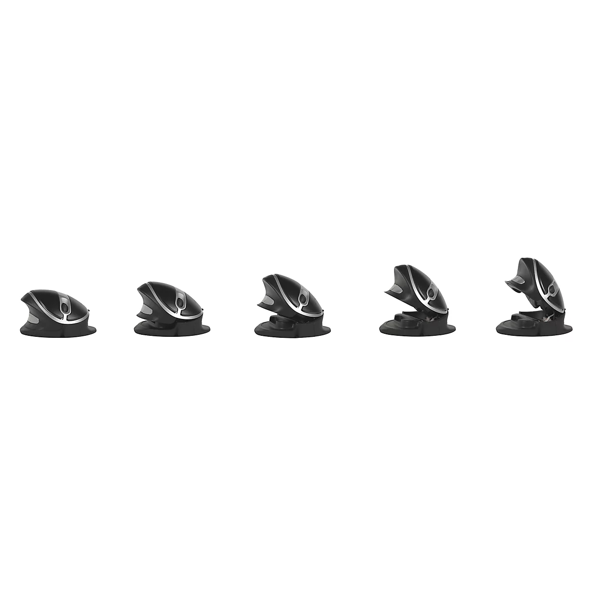 Five black staplers in varying degrees of opening, against a white background.