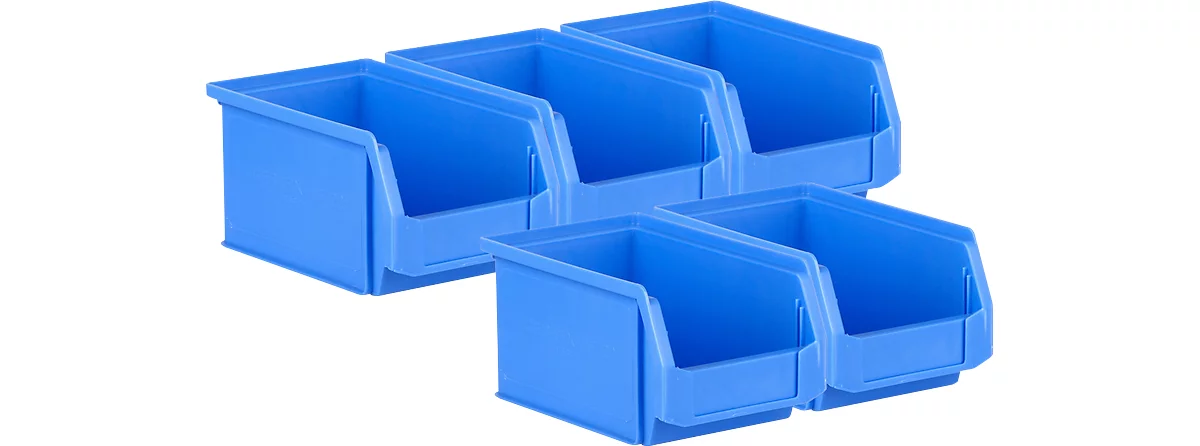 Pack ahorro de 5 cajas de abertura frontal SSI Schäfer LF221, PP, L 234 x An 150 x Al 122 mm, 2,7 l, empuñadura empotrada y ranuras, azul