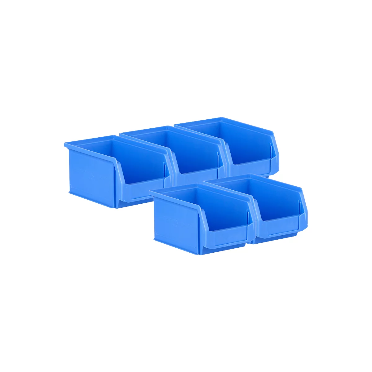 Pack ahorro de 5 cajas de abertura frontal SSI Schäfer LF221, PP, L 234 x An 150 x Al 122 mm, 2,7 l, empuñadura empotrada y ranuras, azul