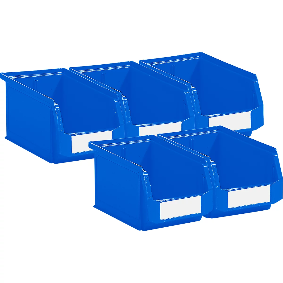 Pack ahorro de 5 cajas de abertura frontal SSI Schäfer LF221, PP, L 234 x An 150 x Al 122 mm, 2,7 l, empuñadura empotrada y ranuras, azul