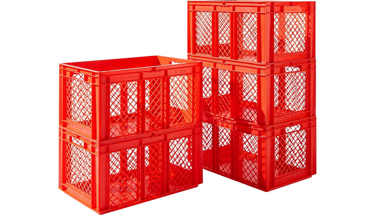Pack ahorro de 5 cajas norma europea serie EF 6321, PP, capacidad 63,7 l, hasta 20 kg, paredes caladas, asidero, rojo 