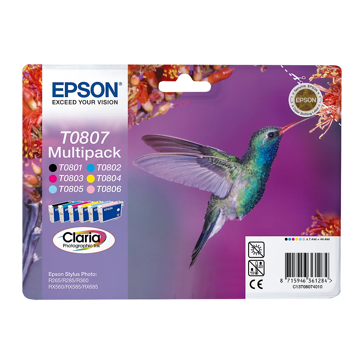 Pack éco. 6 cartouches d'imprimante T08074010 Epson cyan, magenta, jaune, noir, cyan clair, magenta clair