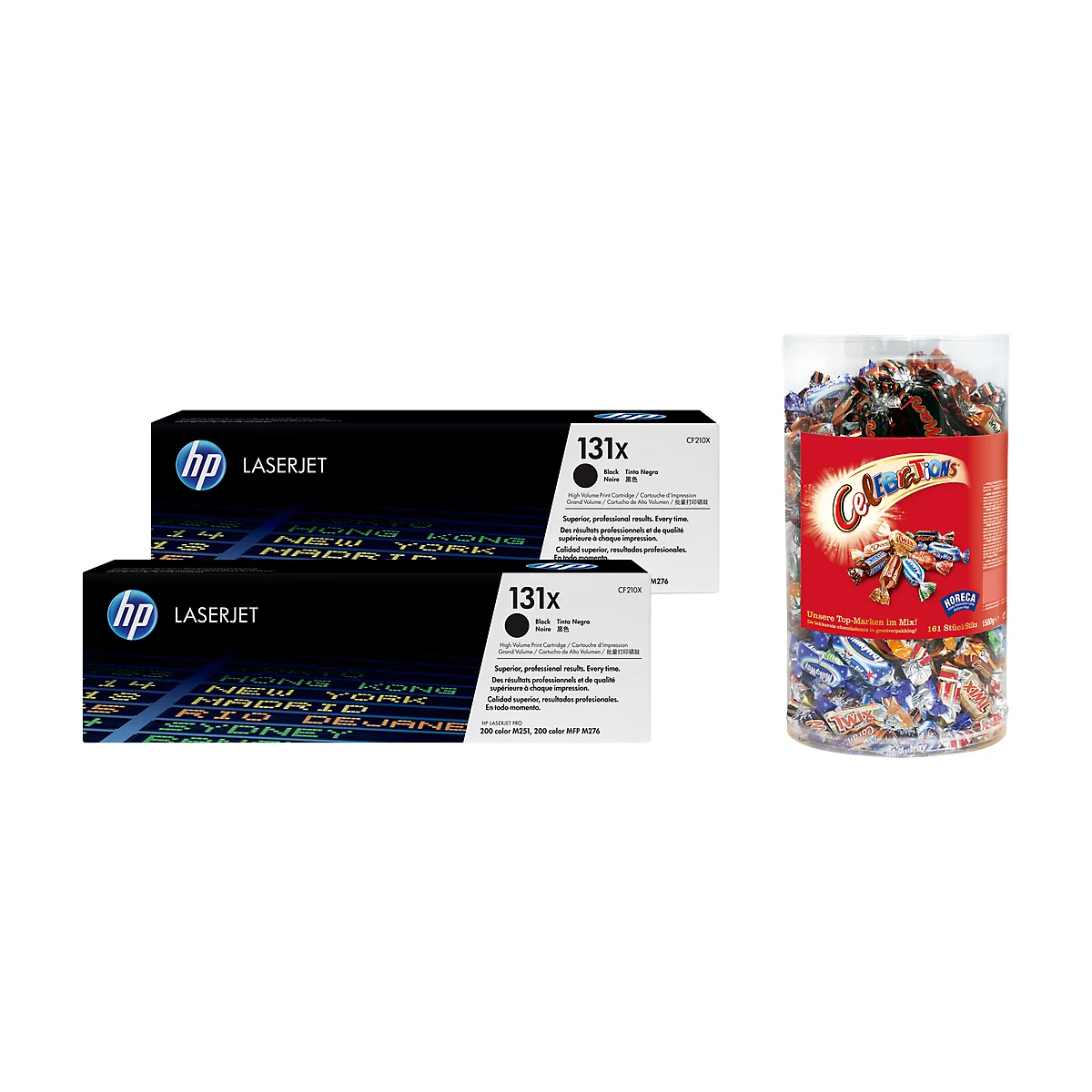 Deux cartouches de toner HP LaserJet noires et un paquet de chocolats Celebrations.