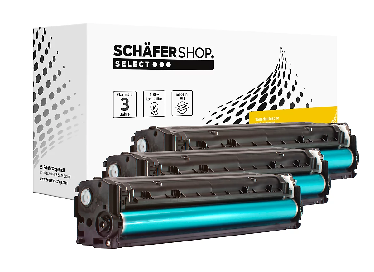 Trois cartouches de toner noires devant un emballage blanc avec l'impression 'Schäfershop'.