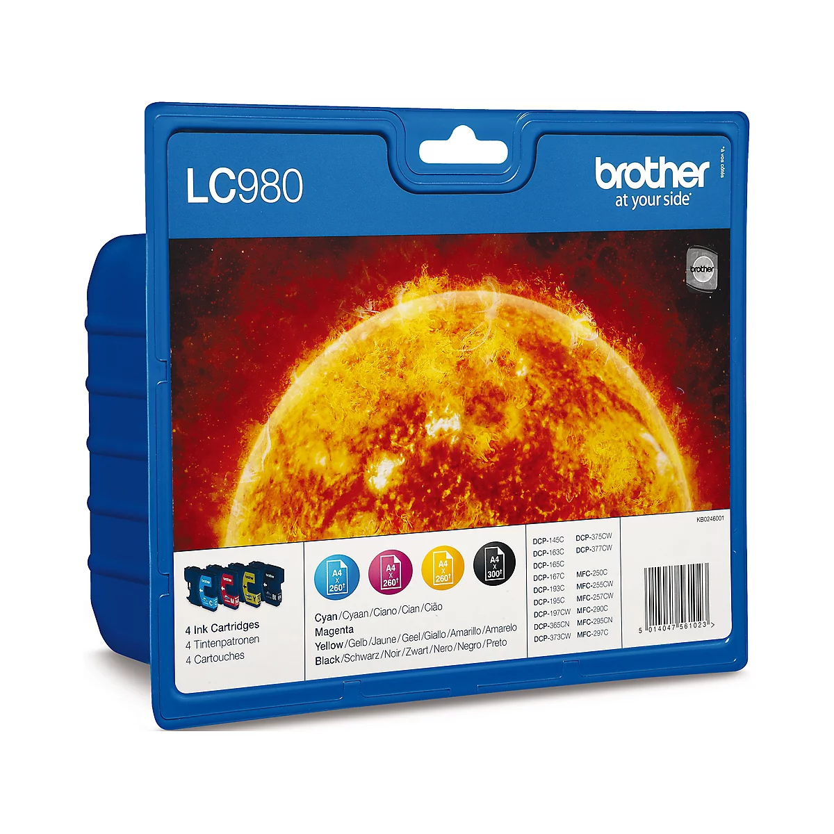 Emballage bleu de cartouches d'encre Brother avec le texte "LC980". Une illustration du soleil est visible en arrière-plan.