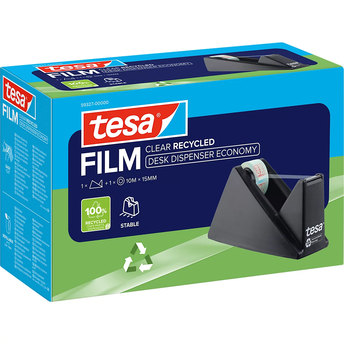 Emballage de film Tesa avec distributeur de ruban adhésif. Inscription : "tesa FILM CLEAR RECYCLED DESK DISPENSER ECONOMY".