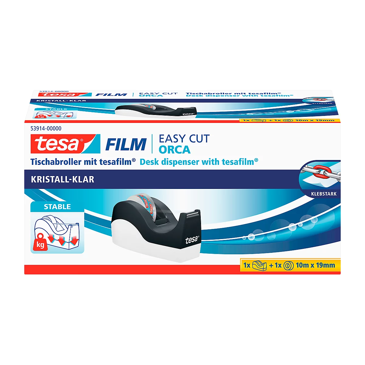 Pack économique dérouleur de table Easy Cut® ORCA tesa + 1 bobine tesafilm®, pour bobines jusqu'à L 33 m x l. 19 mm,