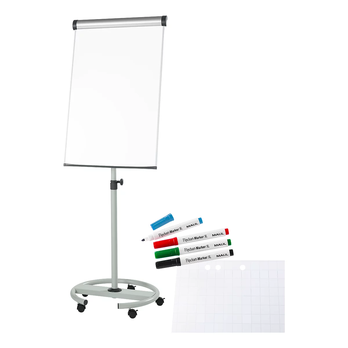 Pack économique : flipchart MAULsolid, mobile, hauteur ajustable + 1 bloc et 4 marqueurs gratuits