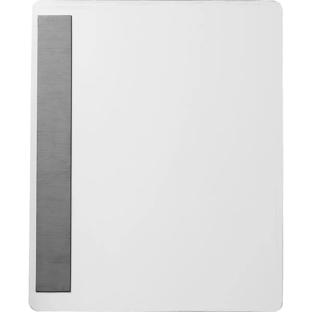 Tableau blanc rectangulaire avec un rail métallique gris vertical sur le côté gauche.