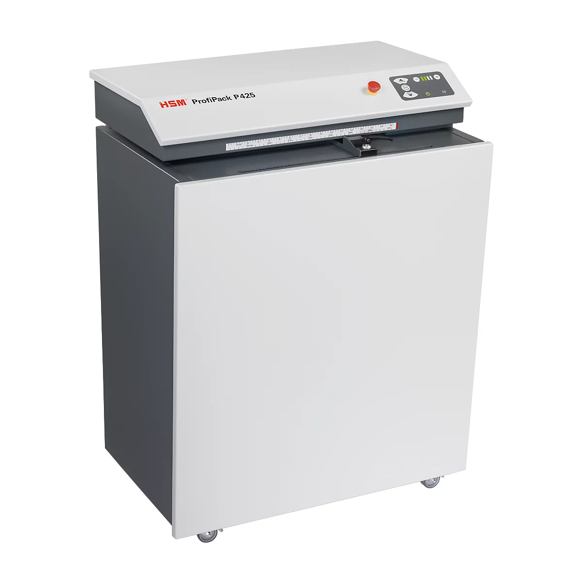 White and gray HSM ProfiPack P425 machine. Top control panel with buttons, bottom cabinet with rollers.