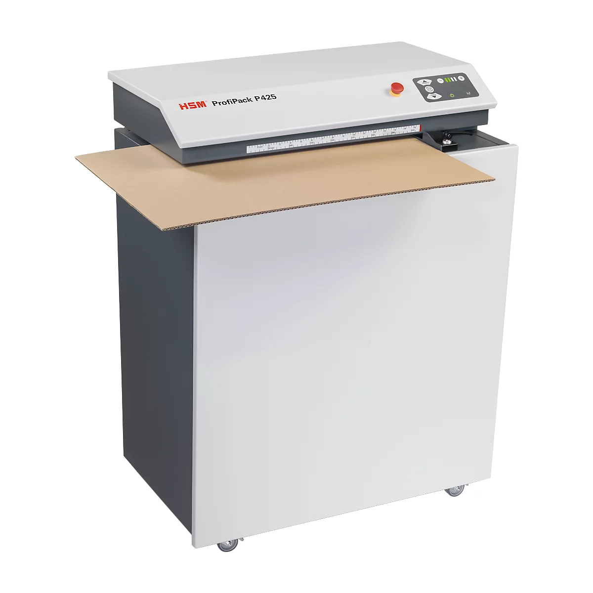 White, gray, and beige machine, labeled HSM ProfiPack P425. Brown cardboard is being processed.