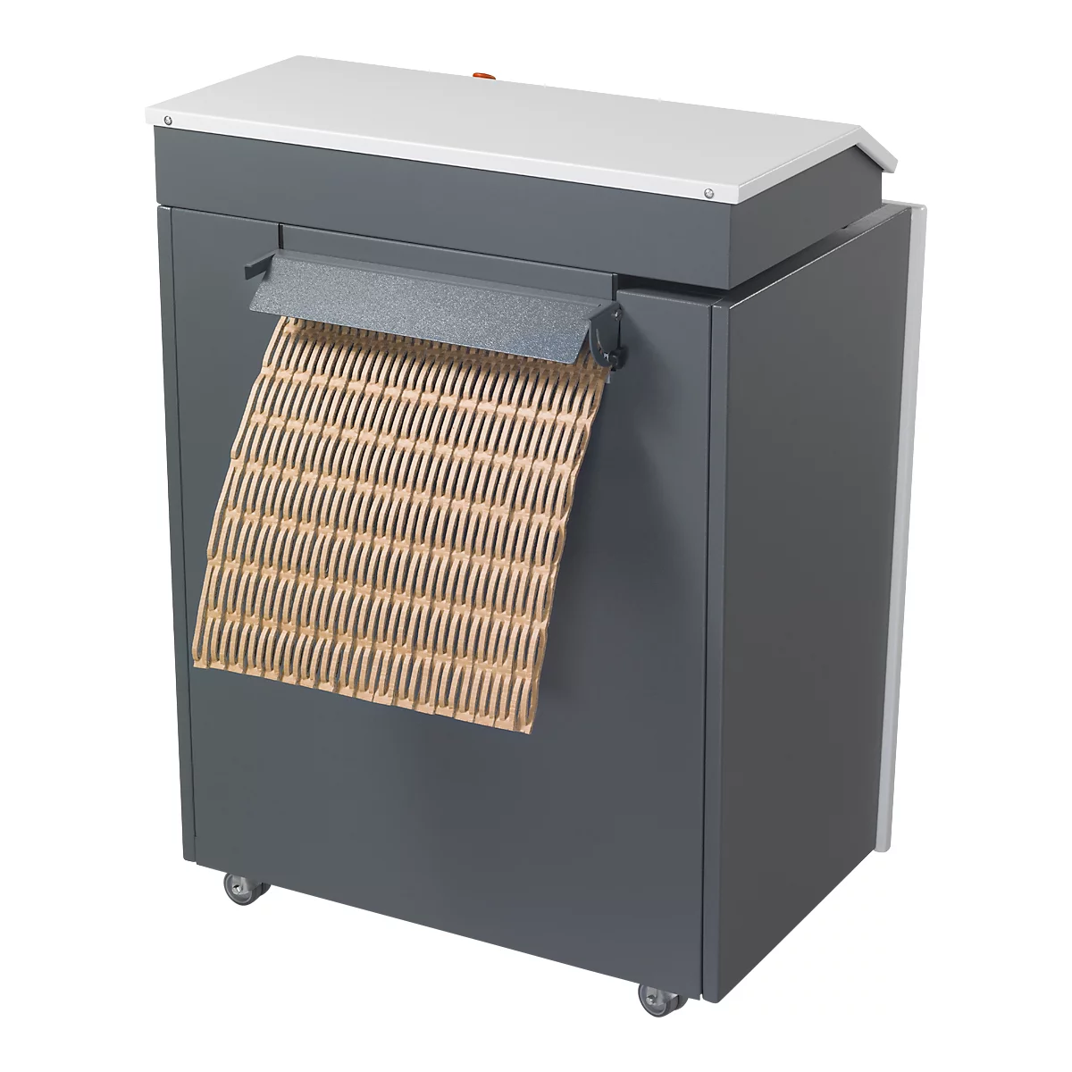 Gray paper shredder with corrugated paper protruding.