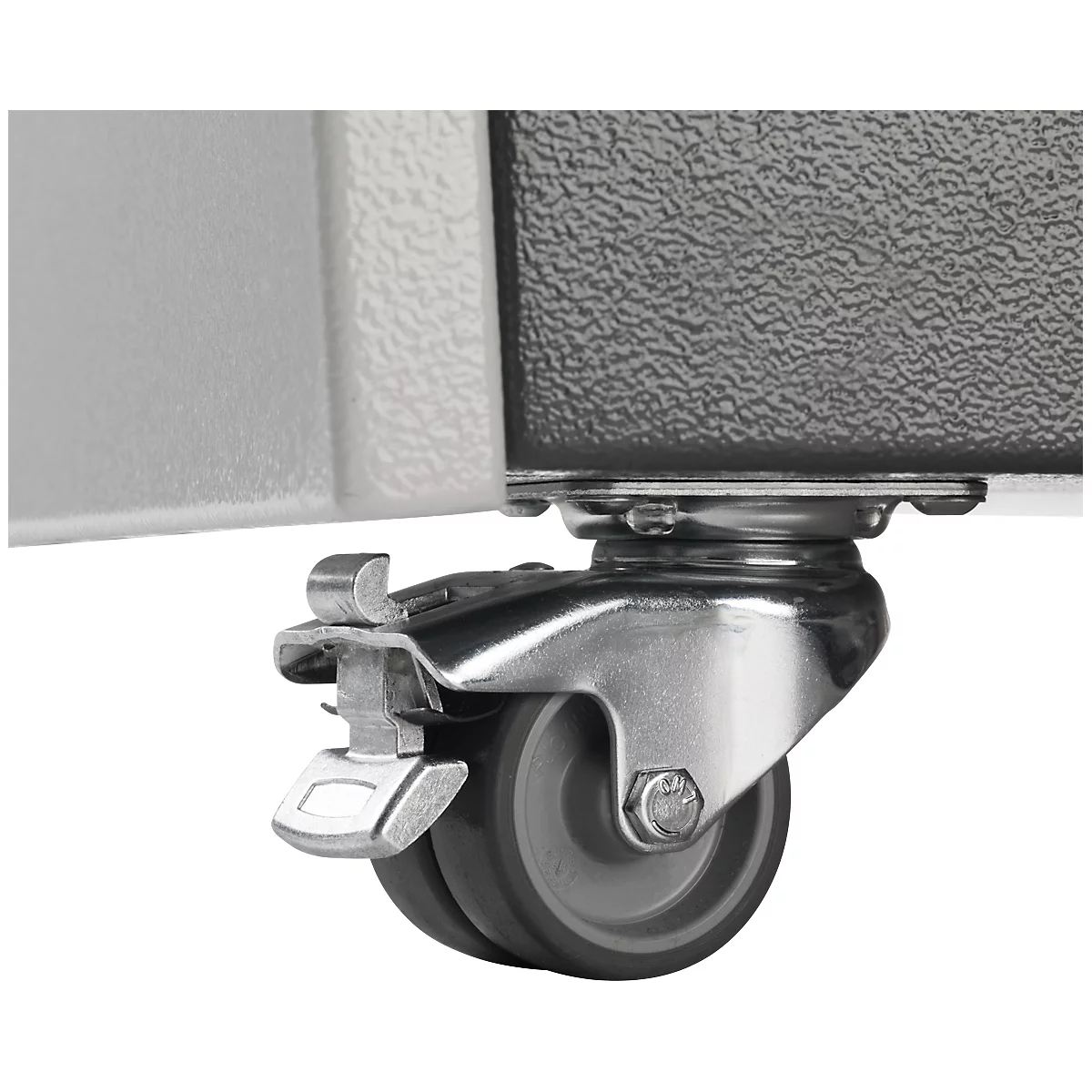 Close-up of a caster on a piece of furniture. The caster has a gray wheel, a silver frame, and a locking mechanism.