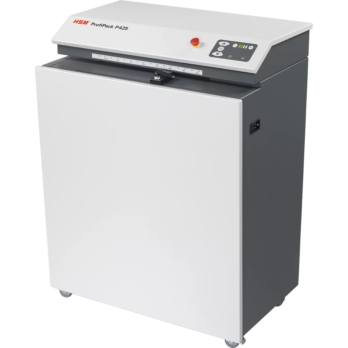 HSM ProfiPack P425 paper shredder. White body, gray lid with control panel. Red button, castors.