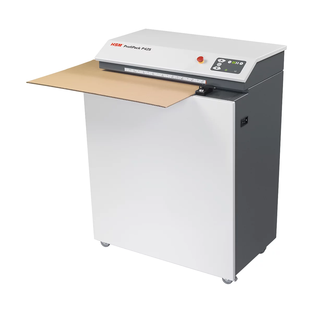 Cardboard shredder with open support surface holding a cardboard sheet. The machine says "HSM ProfiPack P425".