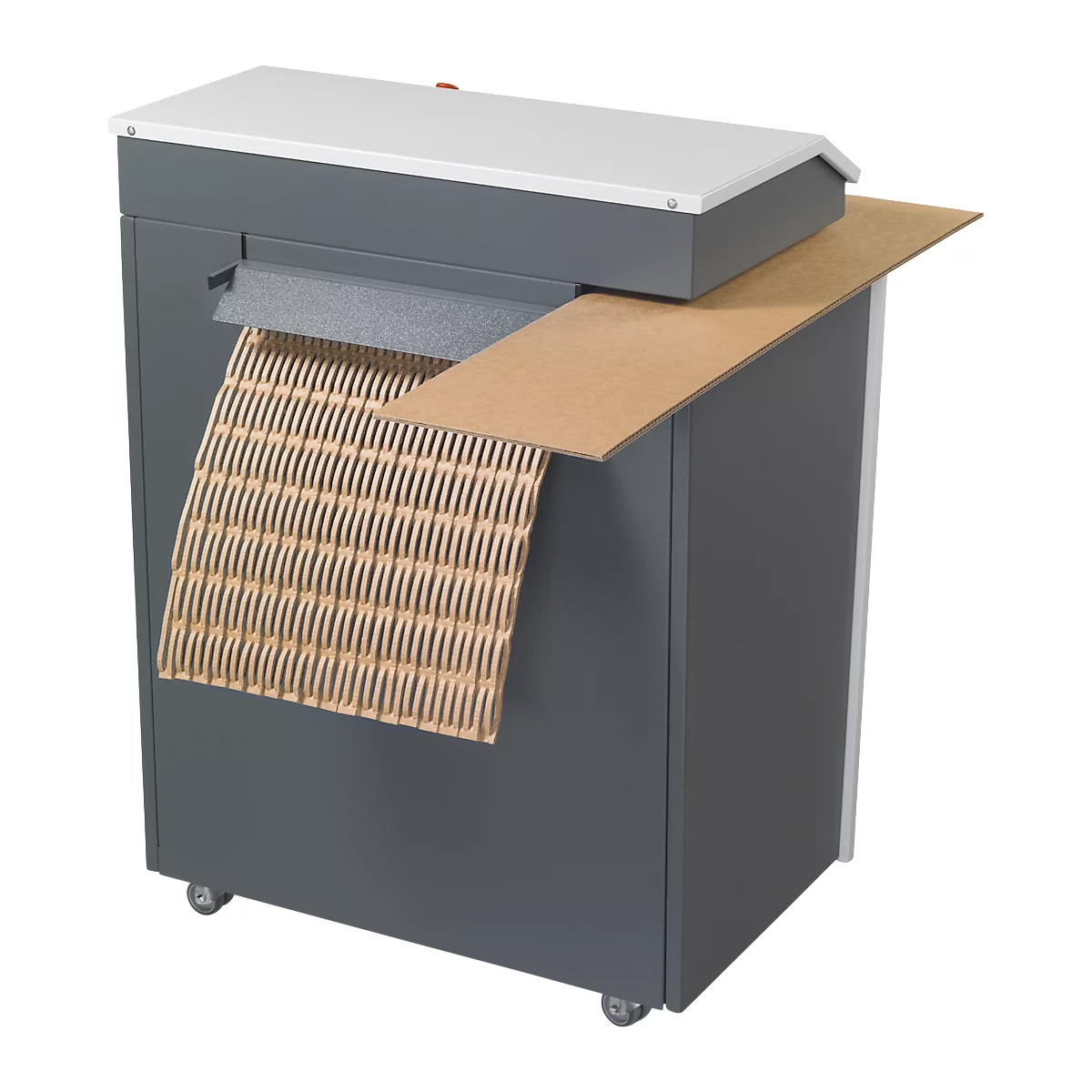 A grey paper packaging machine with packaging paper coming out. A wide paperboard serves as a shelf.