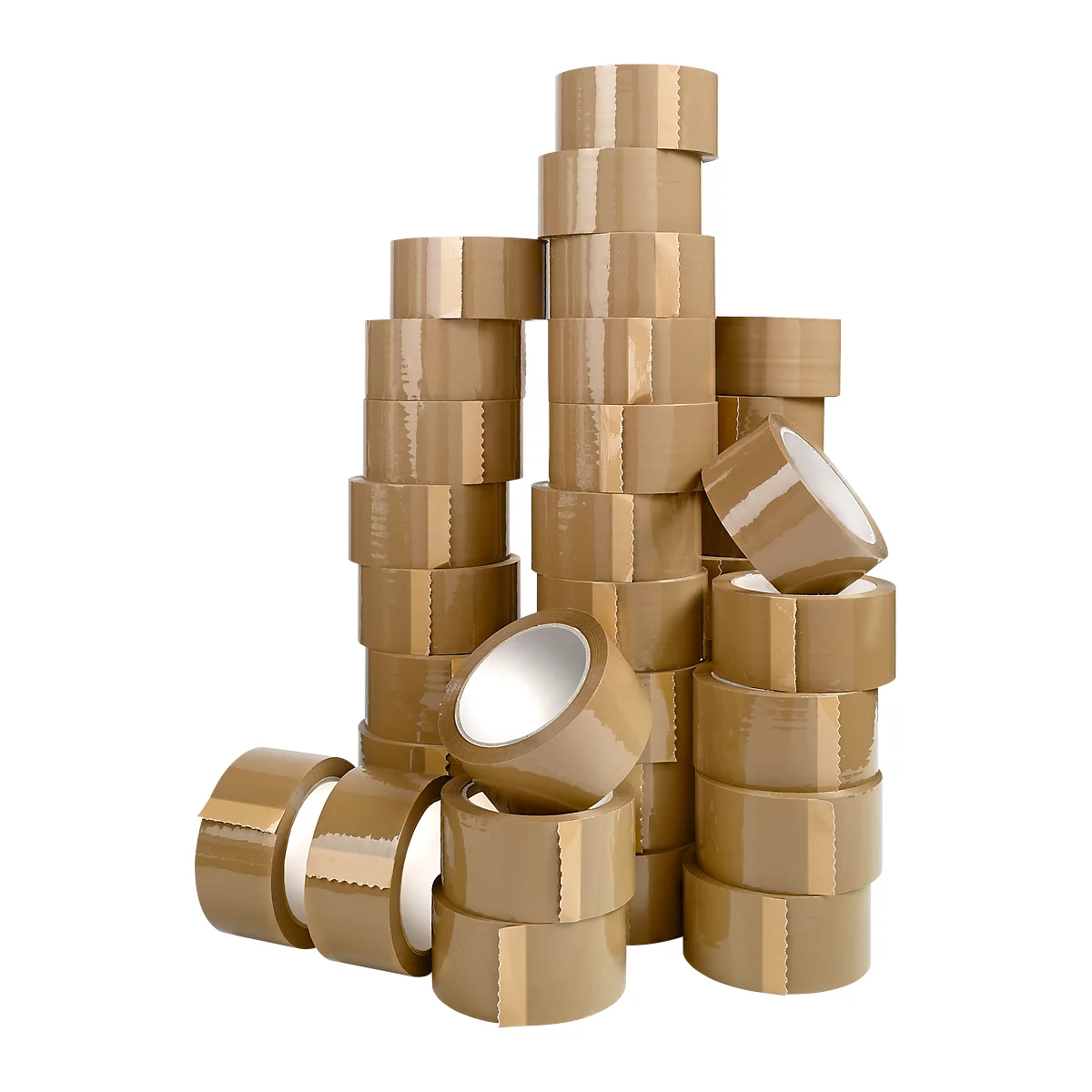 Multiple stacks of brown packing tape, arranged at different heights, against a white background.