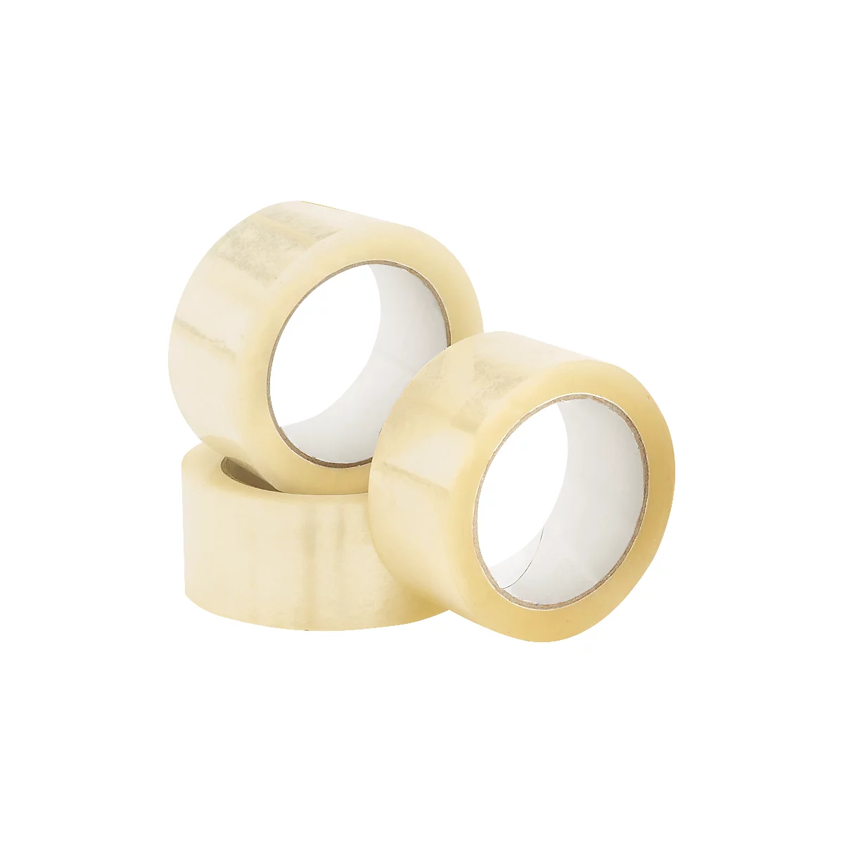 Three rolls of transparent tape against a white background. The rolls are stacked on top of each other, with the top roll giving a view of the inside.