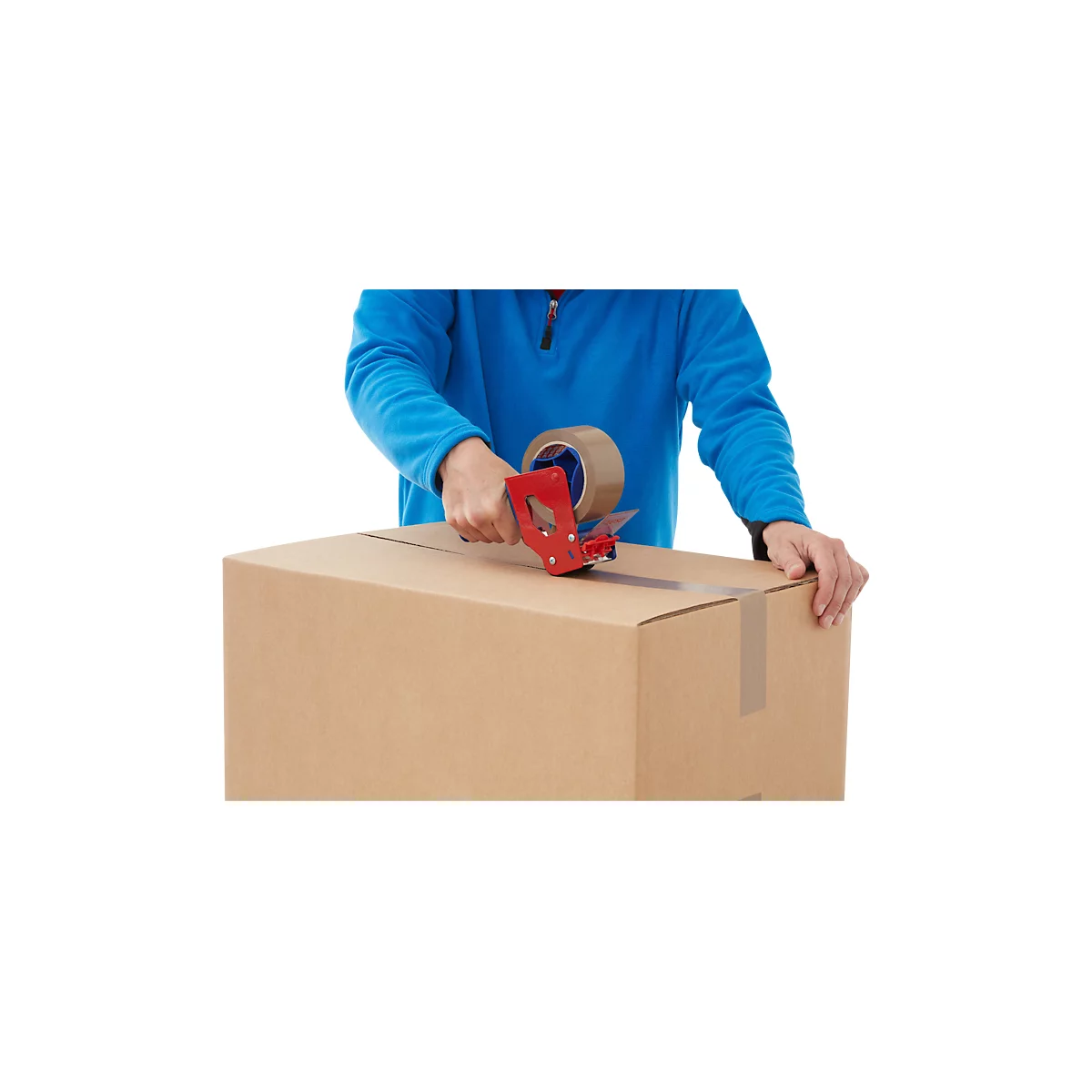 Person sealing a cardboard box with tape. Bright clothing and a red tape gun are visible.