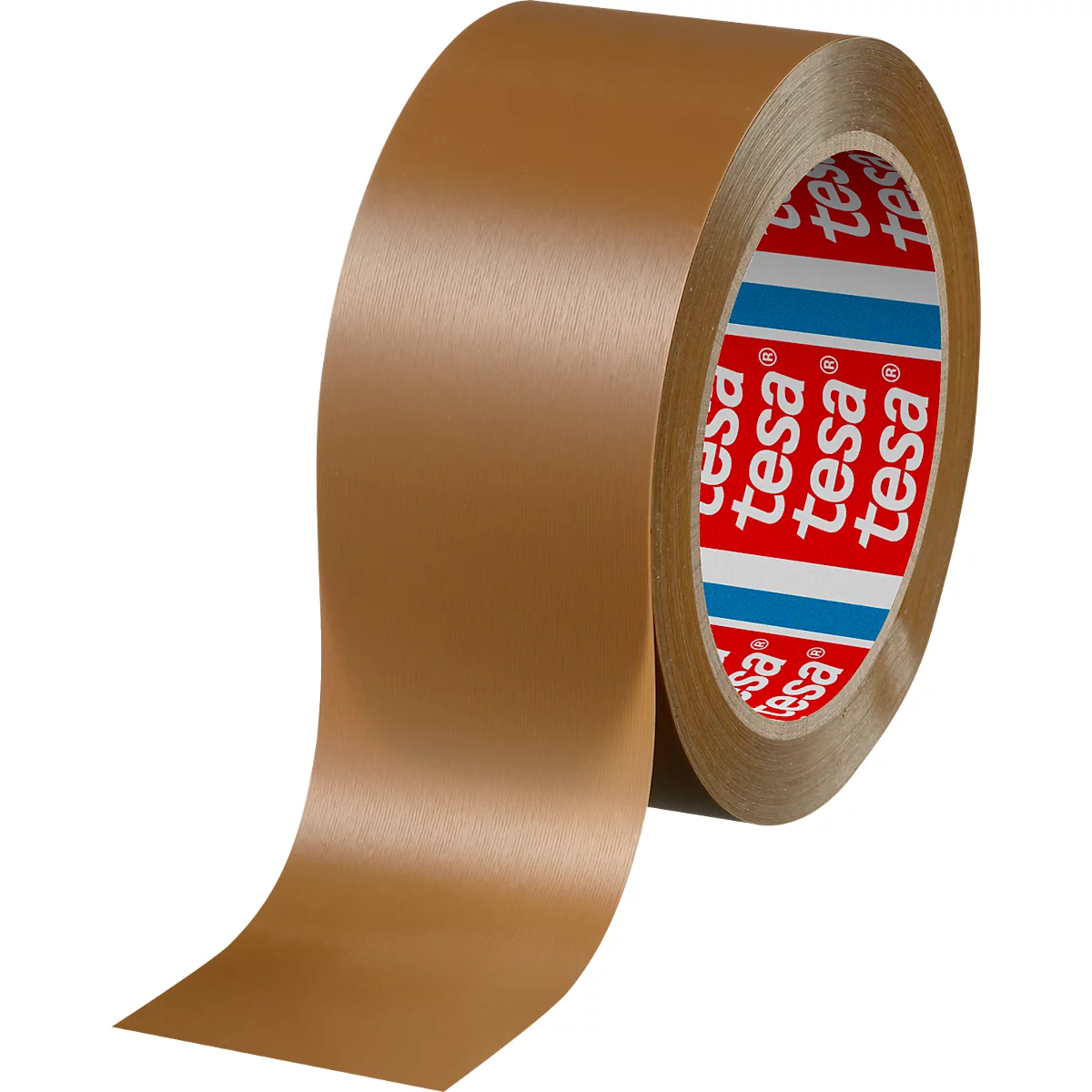 A roll of brown adhesive tape from the brand Tesa, with a red logo. The tape is unrolling.