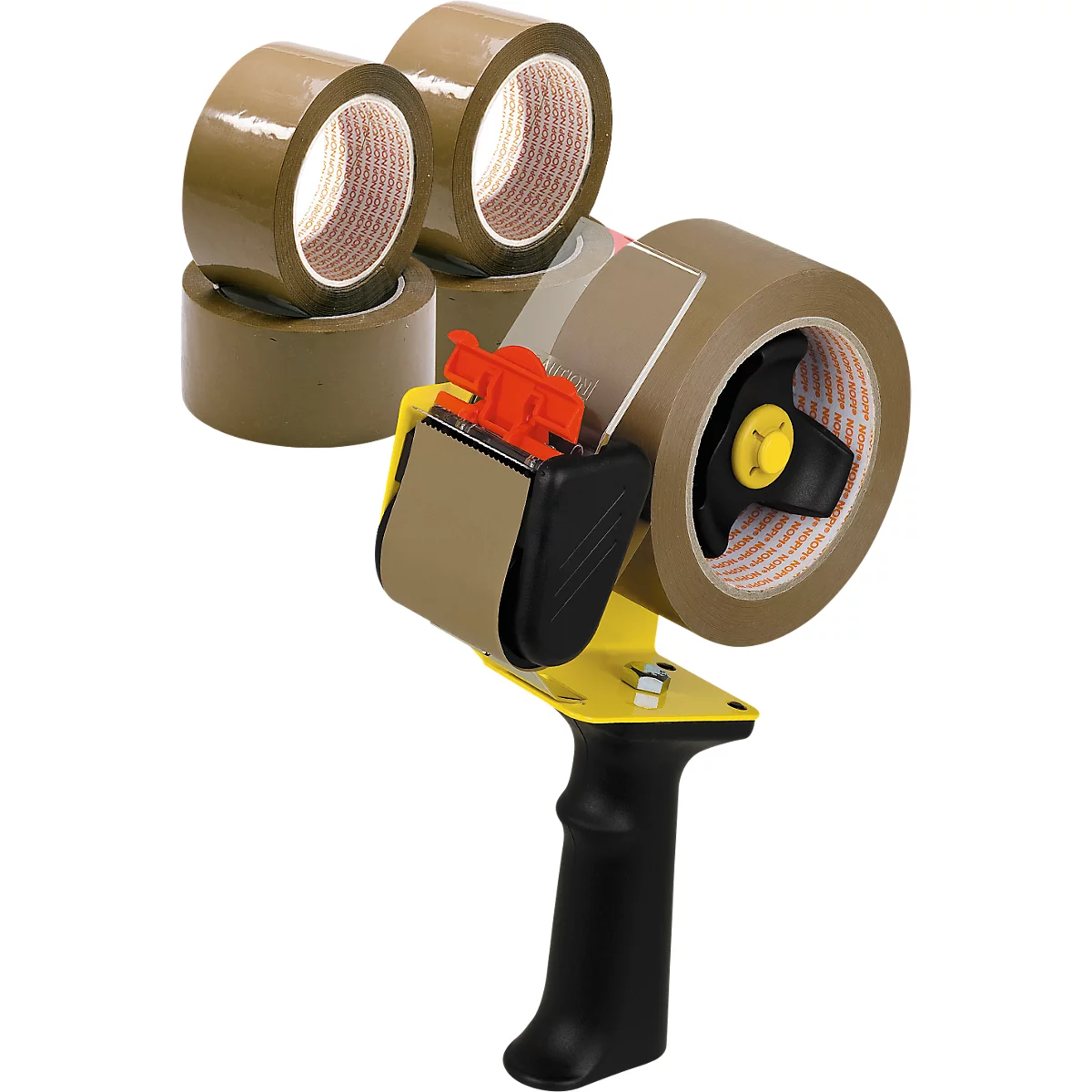 Packbandabroller mit braunem Klebeband und zusätzlichen Rollen.